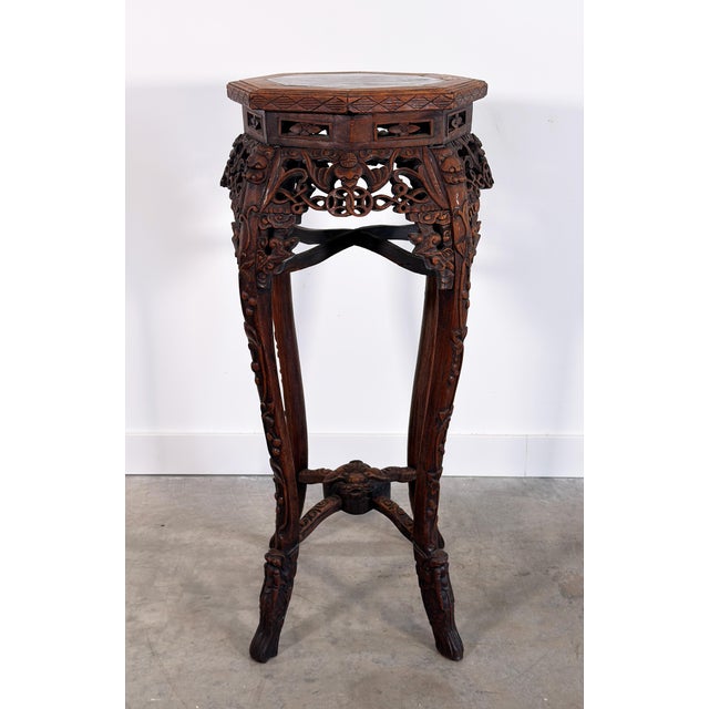 Wood Vintage Chinese Carved Rosewood Pedestal Stand With Marble Top For Sale - Image 7 of 12