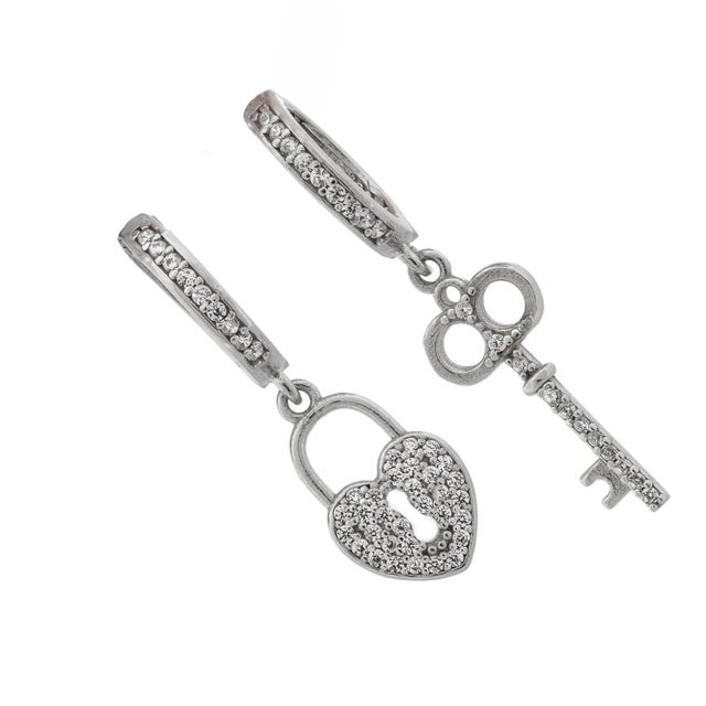 Early 21st Century My Heart Is Yours Key & Heart Lock Silver Diamond Earrings, A Pair For Sale - Image 5 of 7