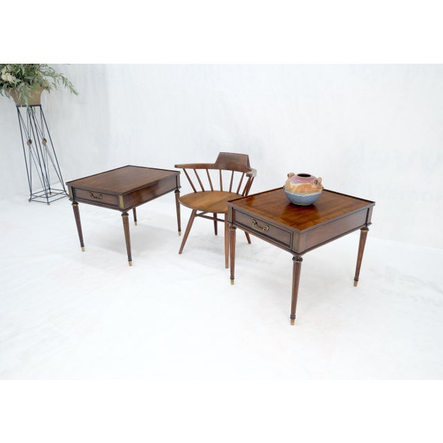 Pair Banded Top Fluted Tapered Legs One Drawer Low Profile End Tables Stands For Sale - Image 14 of 14