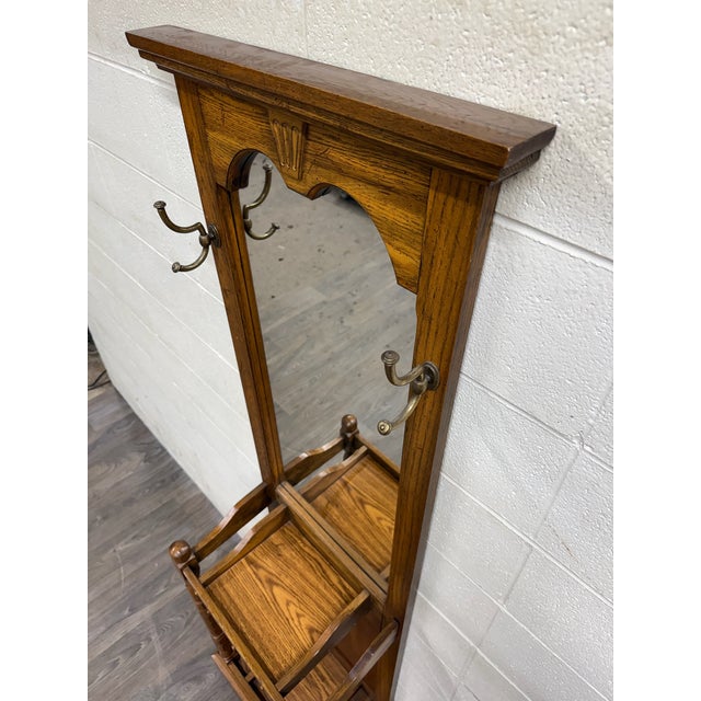 Vintage Late 20th Colonial Revival Style Traditional Style Century Oak Hall Tree For Sale - Image 9 of 11
