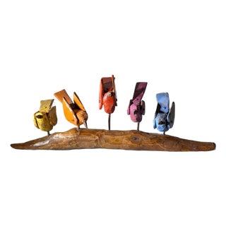 Contemporary Folk Art From Mikel Davison - Colorful Birds Sitting on a Log For Sale