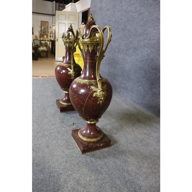 19th C Pair Palace Sized Rouge Marble and Bronze Mounted Cassolettes Urns For Sale - Image 15 of 16
