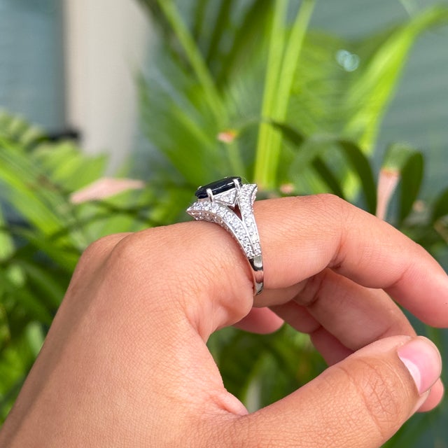 1920s Style 2.6 Ct Deep Blue Sapphire Art Deco Diamond Ring Size 6.5 in 14k White Gold For Sale - Image 10 of 16