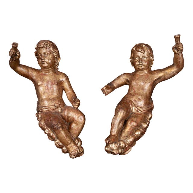 Antique Cherubs with a Single Trunk in Gilded Wood, Florence, Late 17th Century, Set of 2 For Sale