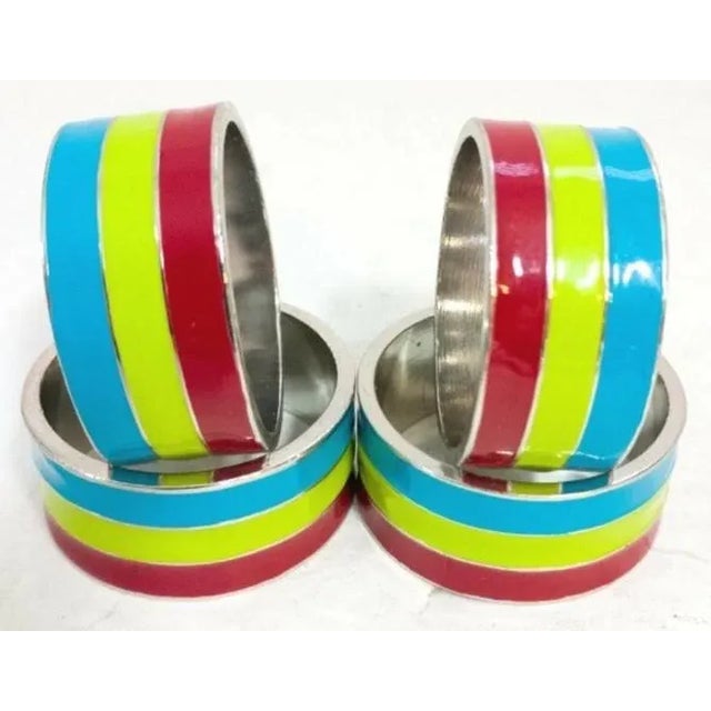 1980s Stripe Stainless and Enameled Napkin Rings- Set of 4 For Sale - Image 5 of 5