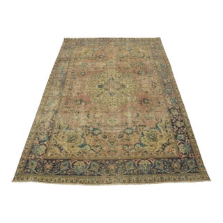 Tabriz Rug 7’8” X 10′ Pink Wool Vintage Distressed Hand-Knotted Carpet For Sale