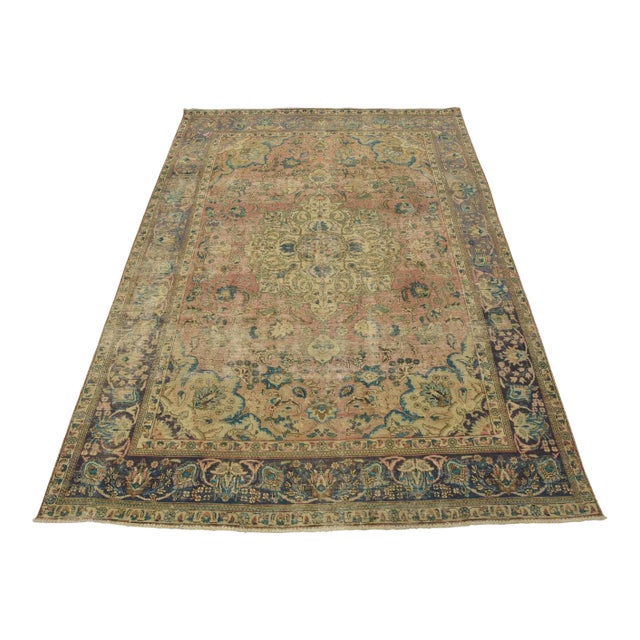 Tabriz Rug 7’8” X 10′ Pink Wool Vintage Distressed Hand-Knotted Carpet For Sale