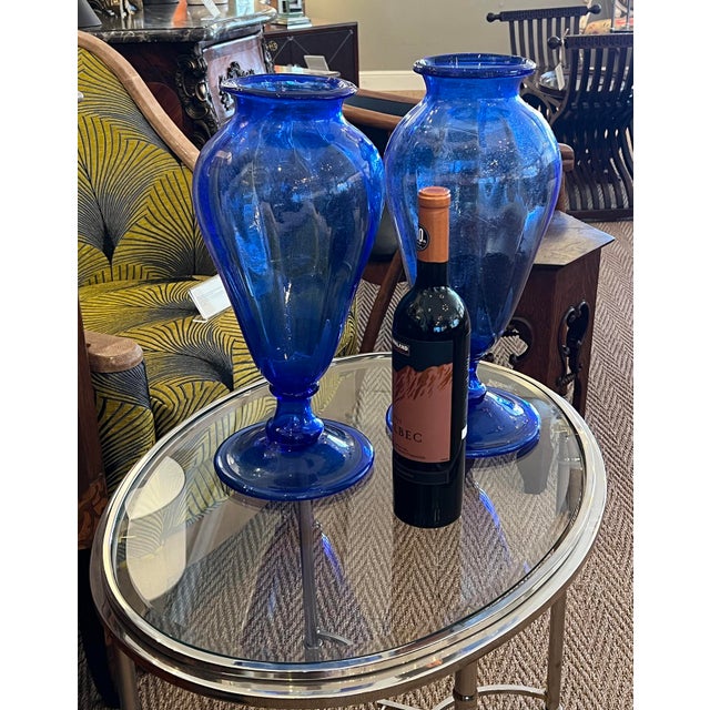Large Pair Antique Murano Cobalt Blue Amphora Vases For Sale - Image 11 of 11