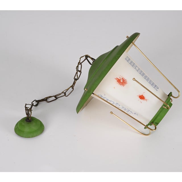 Mid-Century Italian Round Opaline Glass and Brass Green Lantern Chandelier, 1950s For Sale - Image 9 of 18