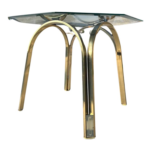Vintage Mid Century Modern 1970s Brass Glass Octagon End Table in the Style of Roger Sprunger For Sale