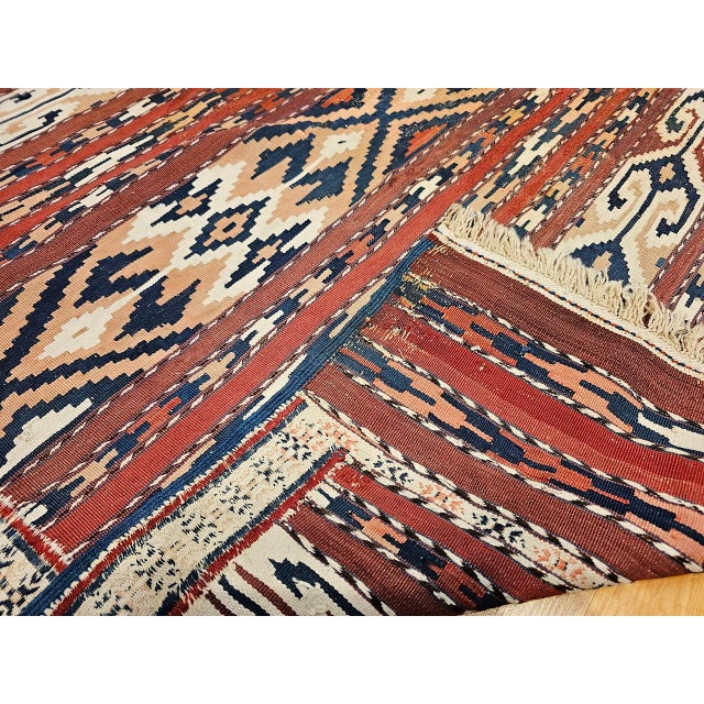 Antique Turkmen Yomut Soumak Kilim, Handwoven Wool, Geometric Pattern, Rust & Blue, 5x10 For Sale - Image 11 of 13