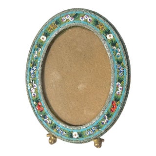 Antique Italian Floral Micro Mosaic Miniature Oval Picture Frame - Early 20th Century With Brass Rope Edging For Sale