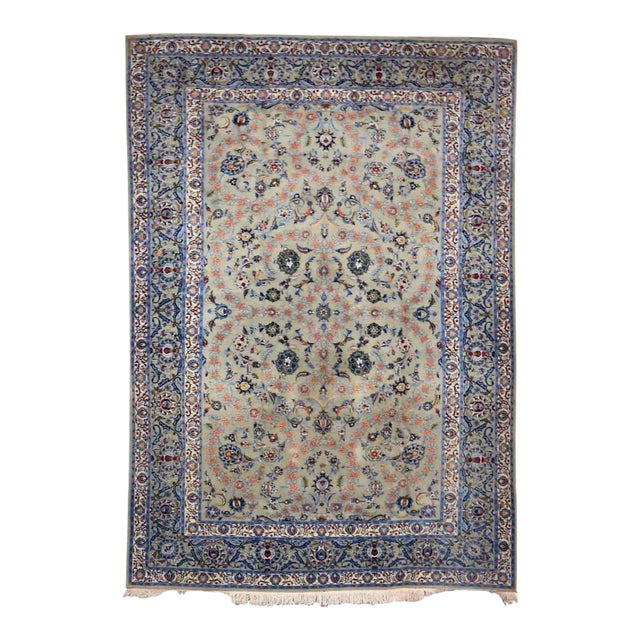 Handmade Persian Wool Tabriz Style Large Rug Light Teal Green Ground 12’3”x 8’9.5” For Sale