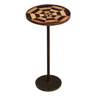 Danish Cabinetmaker Bronze Pedestal Table with Radial Marquetry Top, 1950 For Sale