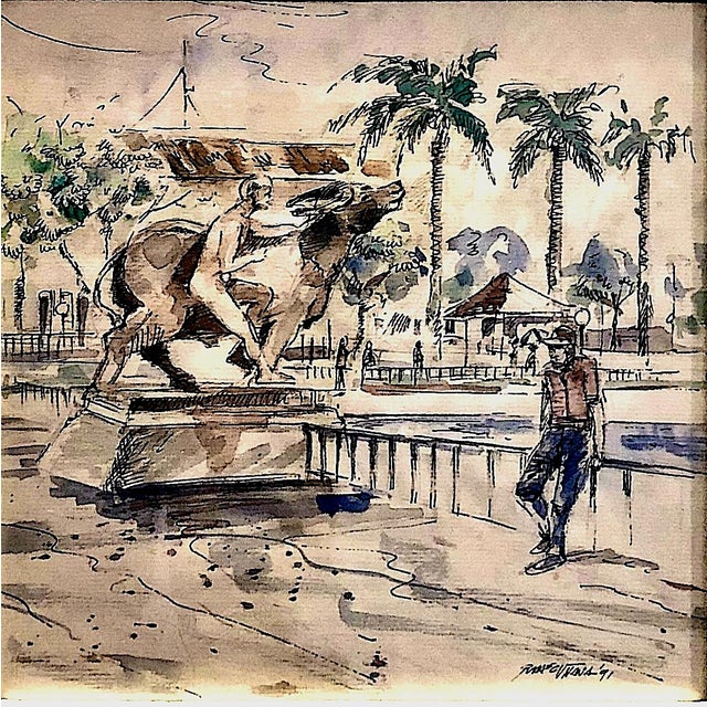 This atmospheric watercolor painting dated '91 was signed by an artist whose highly stylistic signature would have evaded...