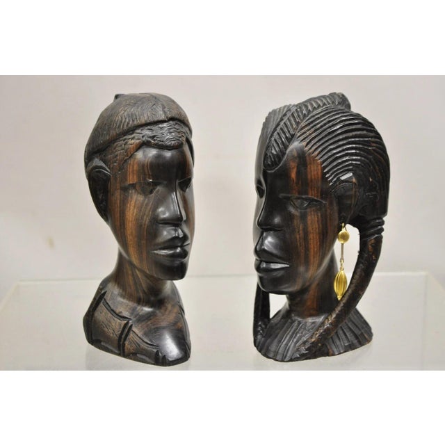 Vintage African Carved Ebony Wood Male and Female Bust Statue Sculptures- Set of 2 For Sale - Image 10 of 10