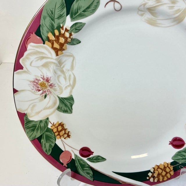 Burgundy Late 20th Century Vintage Coastal Boho Chic Magnolia Christmas Dinner Plates - Set of 12 For Sale - Image 8 of 11