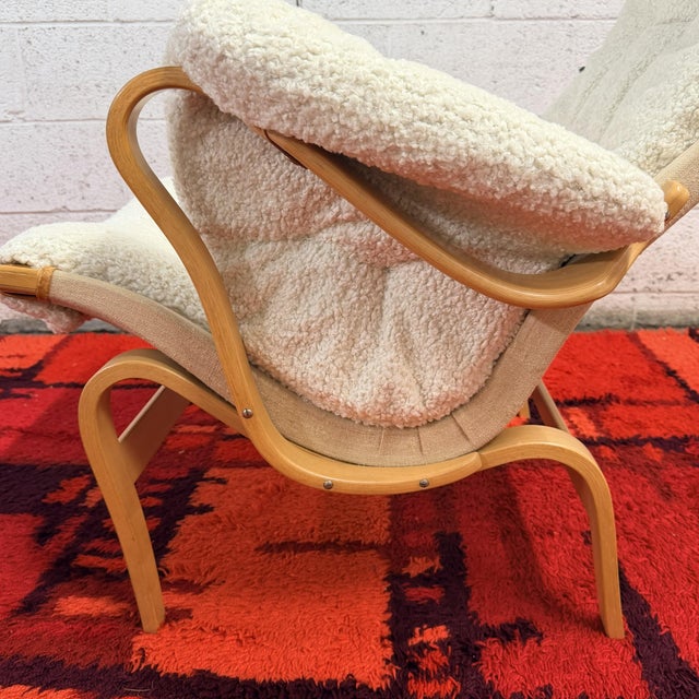 Wood Vintage Pair of Pernilla Lounge Chairs by Bruno Mathsson for Dux in Faux Lambswool, 1970's For Sale - Image 7 of 14
