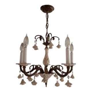 Vintage Italian Capodimonte Porcelain Floral Chandelier – Mid-Century Gold Candelabra Light For Sale