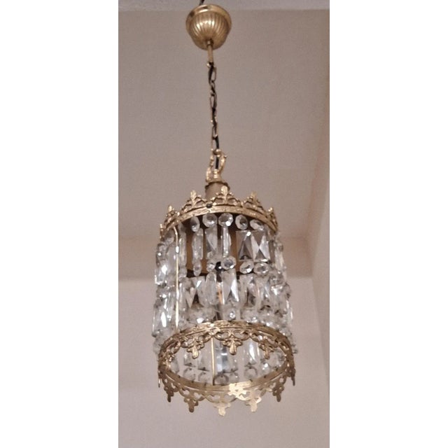 Vintage Brass Metal and Crystal Glass Ceiling Lamp, 1970s For Sale - Image 6 of 7