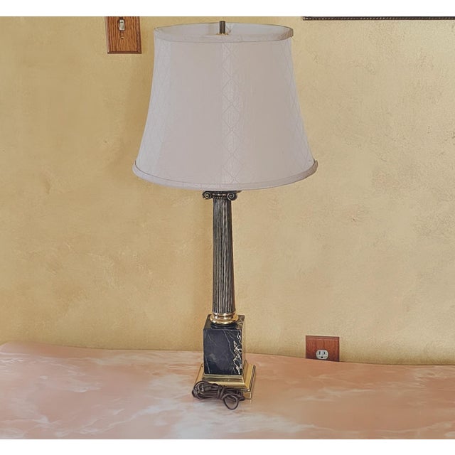 1990s Mid-Century Modern Marble and Brass Corinthian Column Table Lamp With Shade For Sale - Image 5 of 12