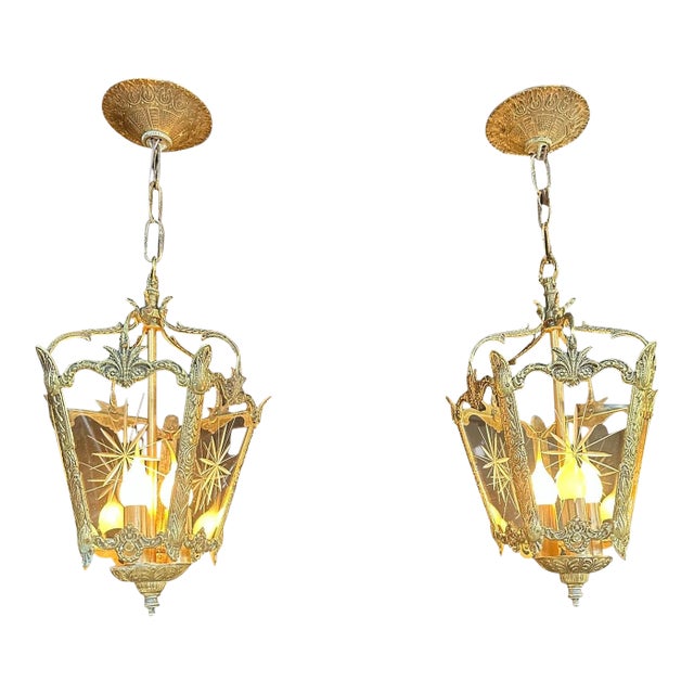 1920s Rococo Lanterns Pendant Lights With Etched Glass - a Pair For Sale
