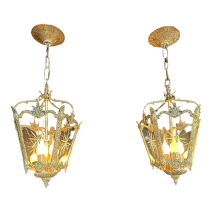 1920s Rococo Lanterns Pendant Lights With Etched Glass - a Pair