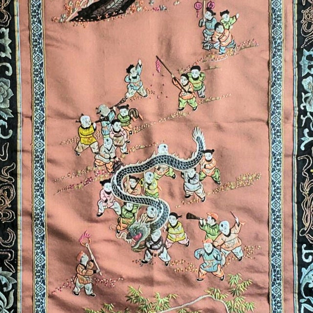 Antique Chinese Silk Dragon Tapestry | Framed Chinoiserie Panel For Sale - Image 4 of 11