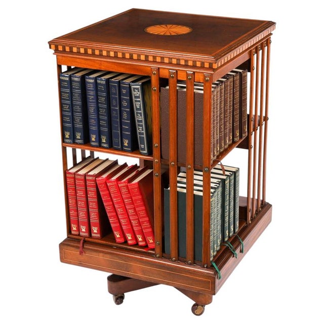 Antique Edwardian Flame Mahogany and Inlaid Revolving Bookcase, 1890s For Sale - Image 15 of 15