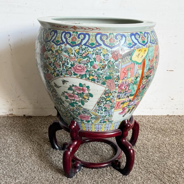 Ceramic Chinese Hand Painted Floor Vase With Wooden Stand For Sale - Image 7 of 12