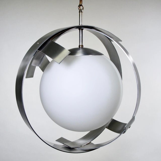 1970s Mid-Century Brushed Aluminum and Glass Pendants Attributed to Sonneman - a Pair For Sale - Image 5 of 9