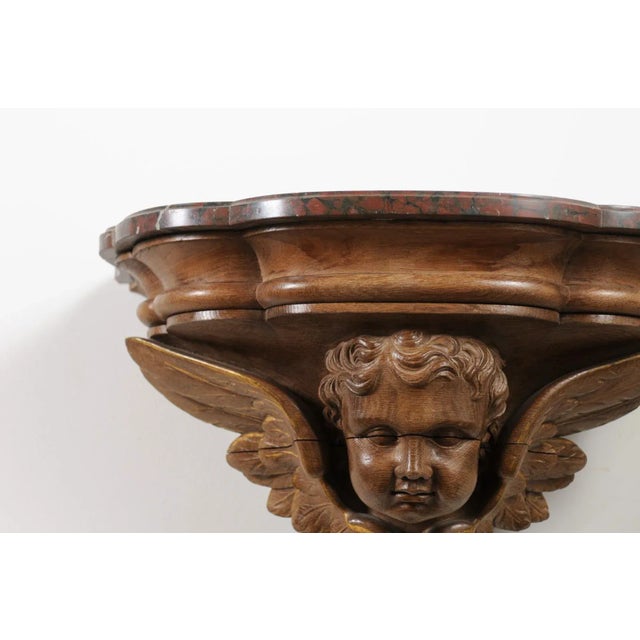 French 1880s Carved Walnut Brackets with Cherubs and Faux Marble Tops- a Pair For Sale - Image 11 of 13