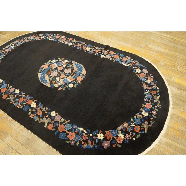 Art Deco 1920s Black Medallion Floral Antique Oval Chinese Art Deco Carpet 4'1" X 6'10" Wool Knotted Rug For Sale - Image 3 of 9