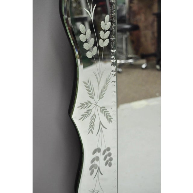 Vintage Venetian Art Deco Scalloped Edge Floral Etched Glass Large Wall Mirror For Sale - Image 4 of 11