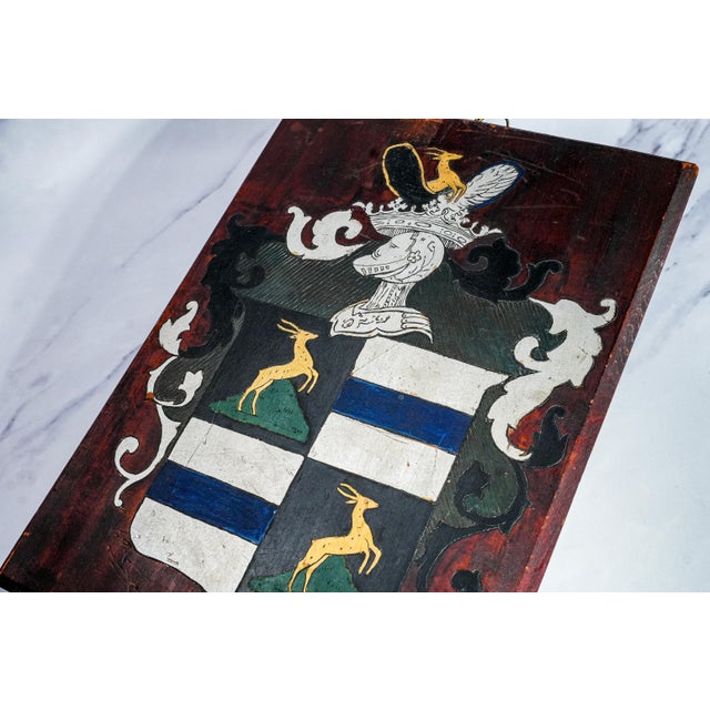 Distinguished Antique Heraldic Coat of Arms Plaque Hand-Made Painted Wood Armorial For Sale - Image 4 of 14