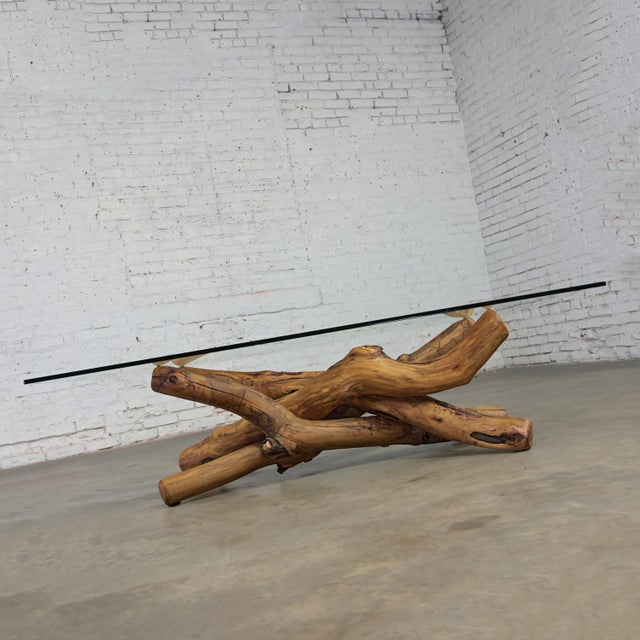 1990’s Coffee or Cocktail Table With Natural Rustic Twisted Tree Limb Base & Rectangle Glass Top For Sale - Image 11 of 12