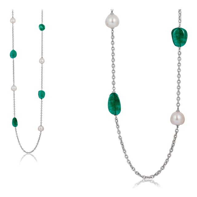 Emerald Tumble with White South Sea Pearl Drop Necklace For Sale