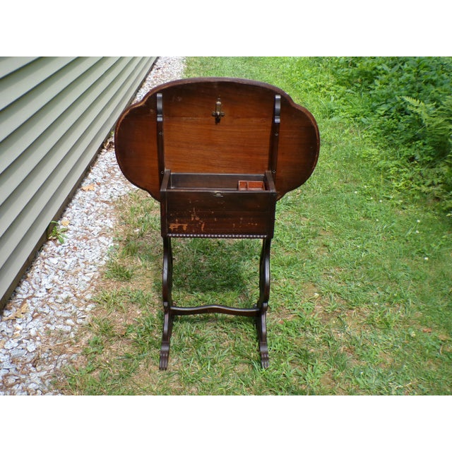 1900 - 1909 Antique Tilt Top Sewing Table Vintage Walnut Sewing Stand Parlor Lamp Table For Sale - Image 5 of 15