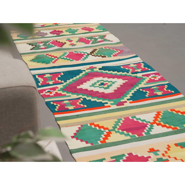 Textile 1970s Vintage Handmade Wool Cotton Pink Green Runner Rug For Sale - Image 7 of 11