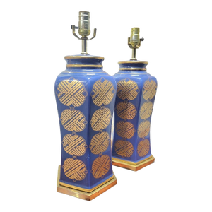 Vintage Ceramic Bright Blue Gold Chinoiserie Geometric Design Tall Ginger Jar Table Lamps- A Pair