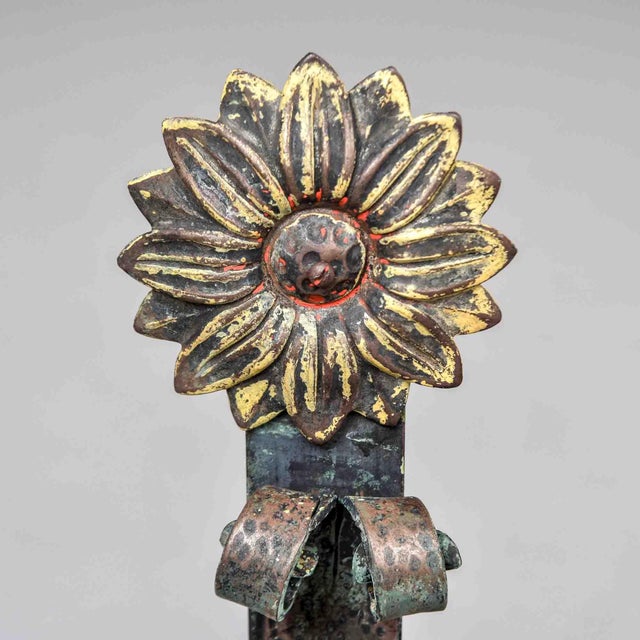 Pair Early 20th Century Sunflower Andirons & Poker For Sale - Image 9 of 11