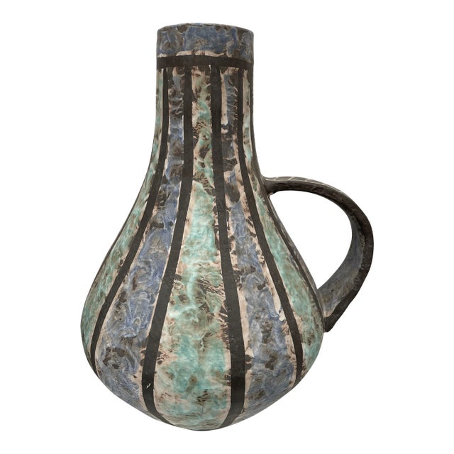 Vintage 1950s Italian Mottled Blue Pottery Handled Vase For Sale