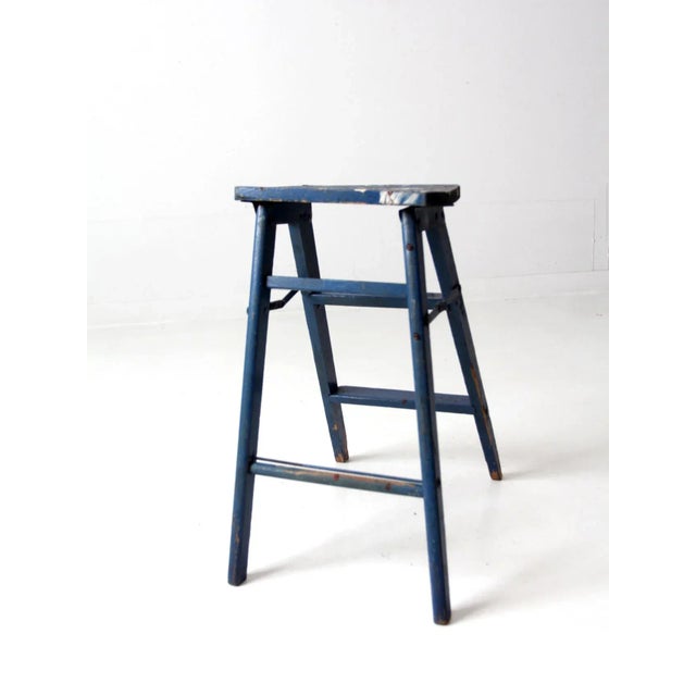 Farmhouse Vintage Wooden Blue Step Stool For Sale - Image 3 of 10
