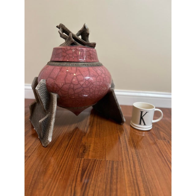 Ceramic Vintage MDC Signed Pink Raku Ceramic Tripod Lidded Vessel For Sale - Image 7 of 7