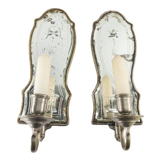 Pair of 19th Century Etched Mirror Decorative Wall Candle Sconces For Sale