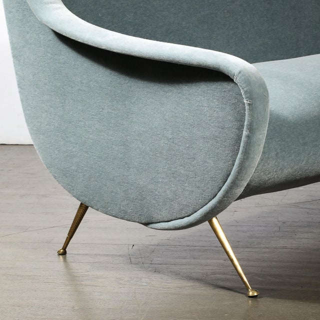 Mid-Century Lady Sofa in Powder Blue Velvet Mohair & Brass Legs by Marco Zanuso For Sale - Image 14 of 16