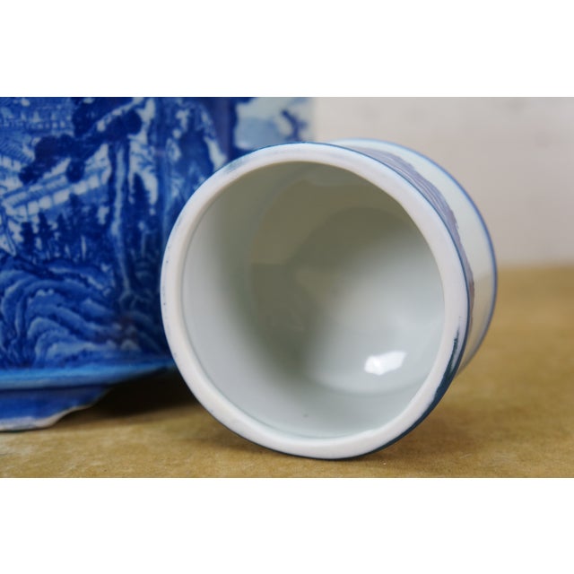 Ceramic Chinese Chinoiserie Blue & White Pagoda Mountain Landscape Tea Caddy 11" For Sale - Image 7 of 16