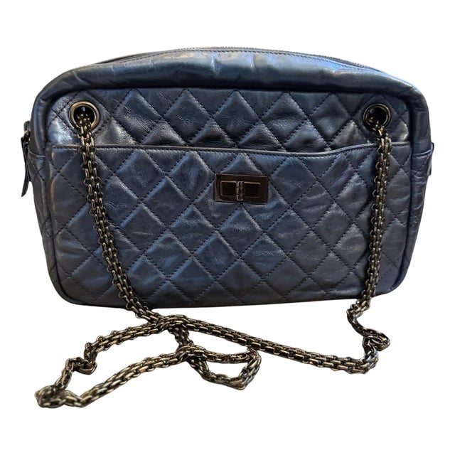 Iconic Chanel 2.55 Blue Metallic Leather and Black Chain Shoulder Bag For Sale