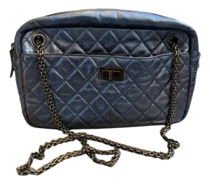 Iconic Chanel 2.55 Blue Metallic Leather and Black Chain Shoulder Bag