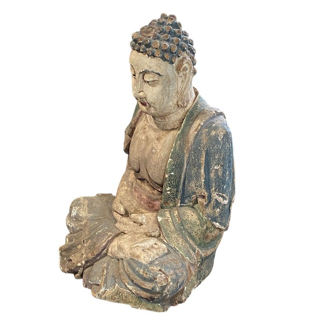 1920s Vintage Meditating Wooden Lord Buddha 19" H For Sale - Image 5 of 10